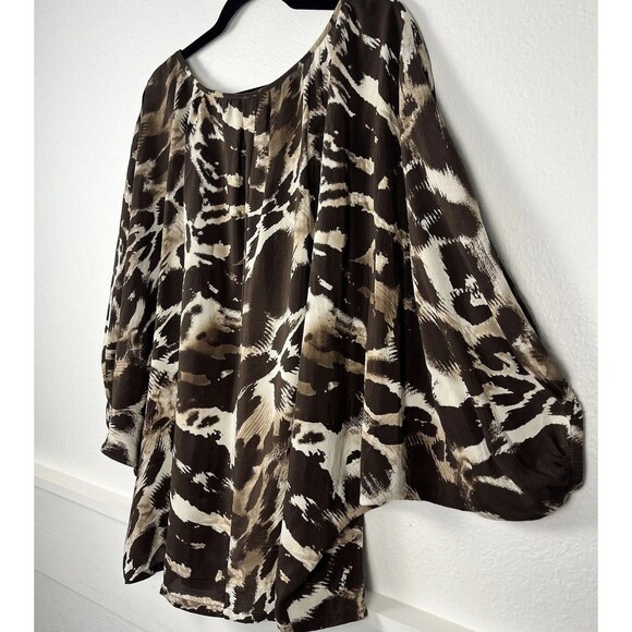 Saks Fifth Avenue 100% Silk Top Blouse Women Size 16 Retro Brown Dolman Sleeves - Picture 6 of 8